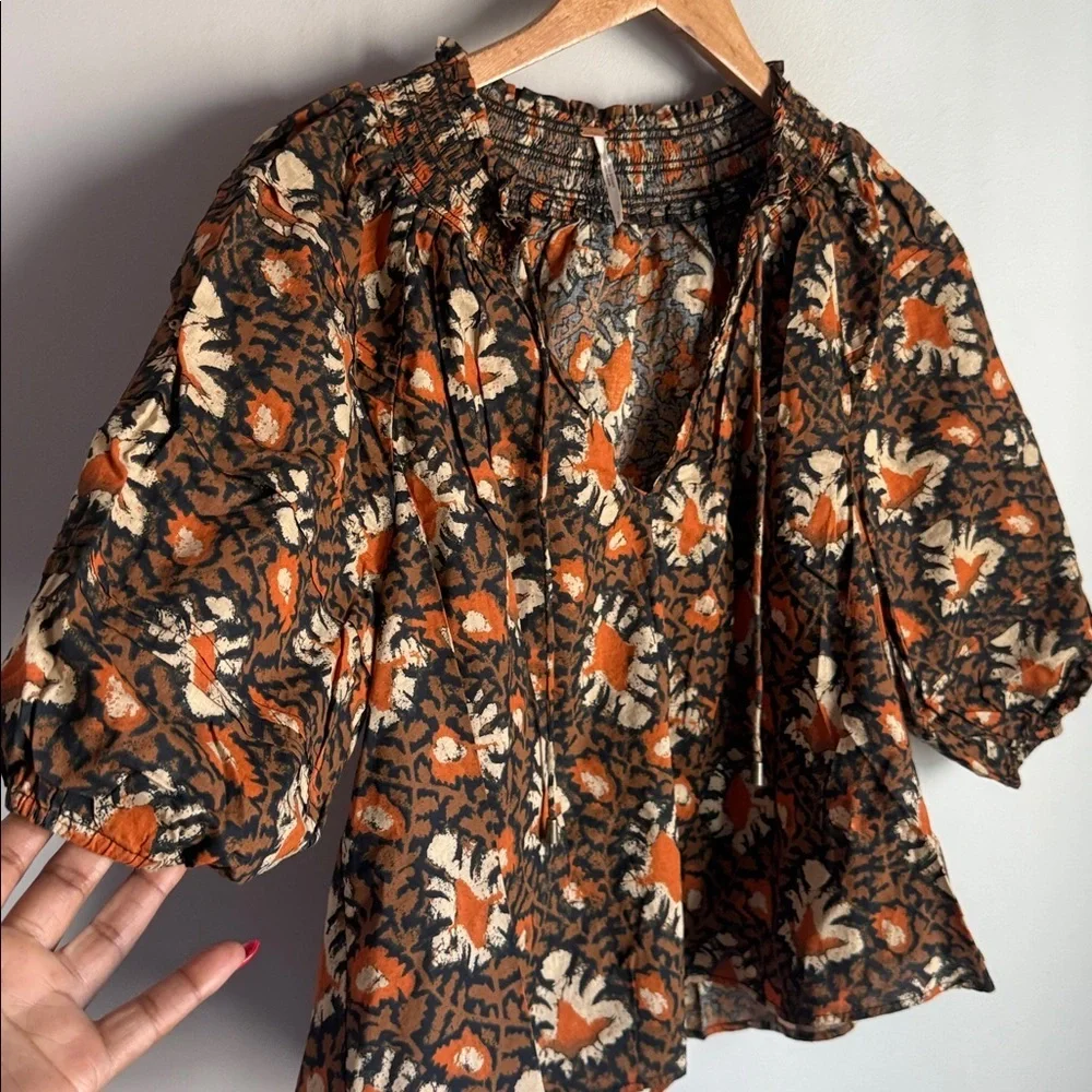 Free People Willow Print Puff Sleeve Blouse Small